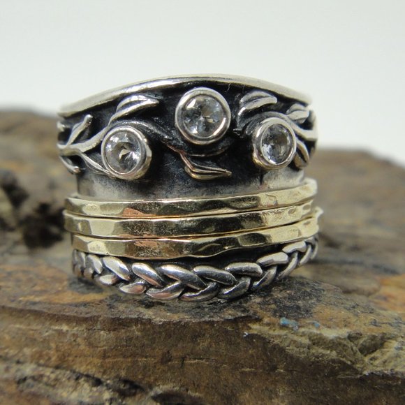 Or Paz Jewelry - OR PAZ Wide Band Spinner Ring Sterling Silver & White Topaz Israel Leaf Vine 925